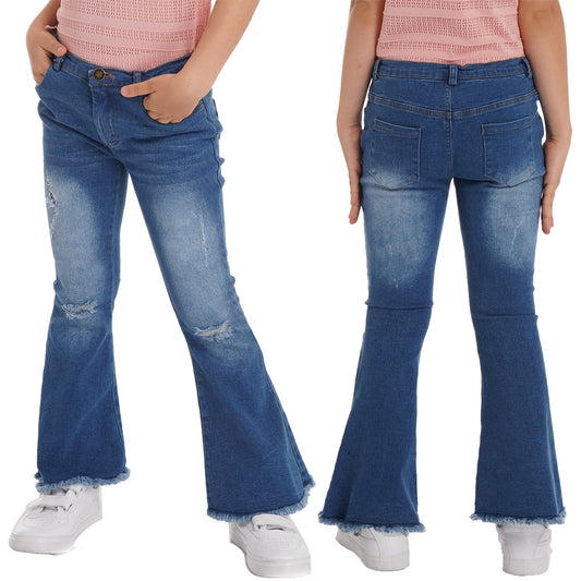 Aislor Kids Girls Ripped Jeans Elastic Waist Baggy Wide Leg Denim